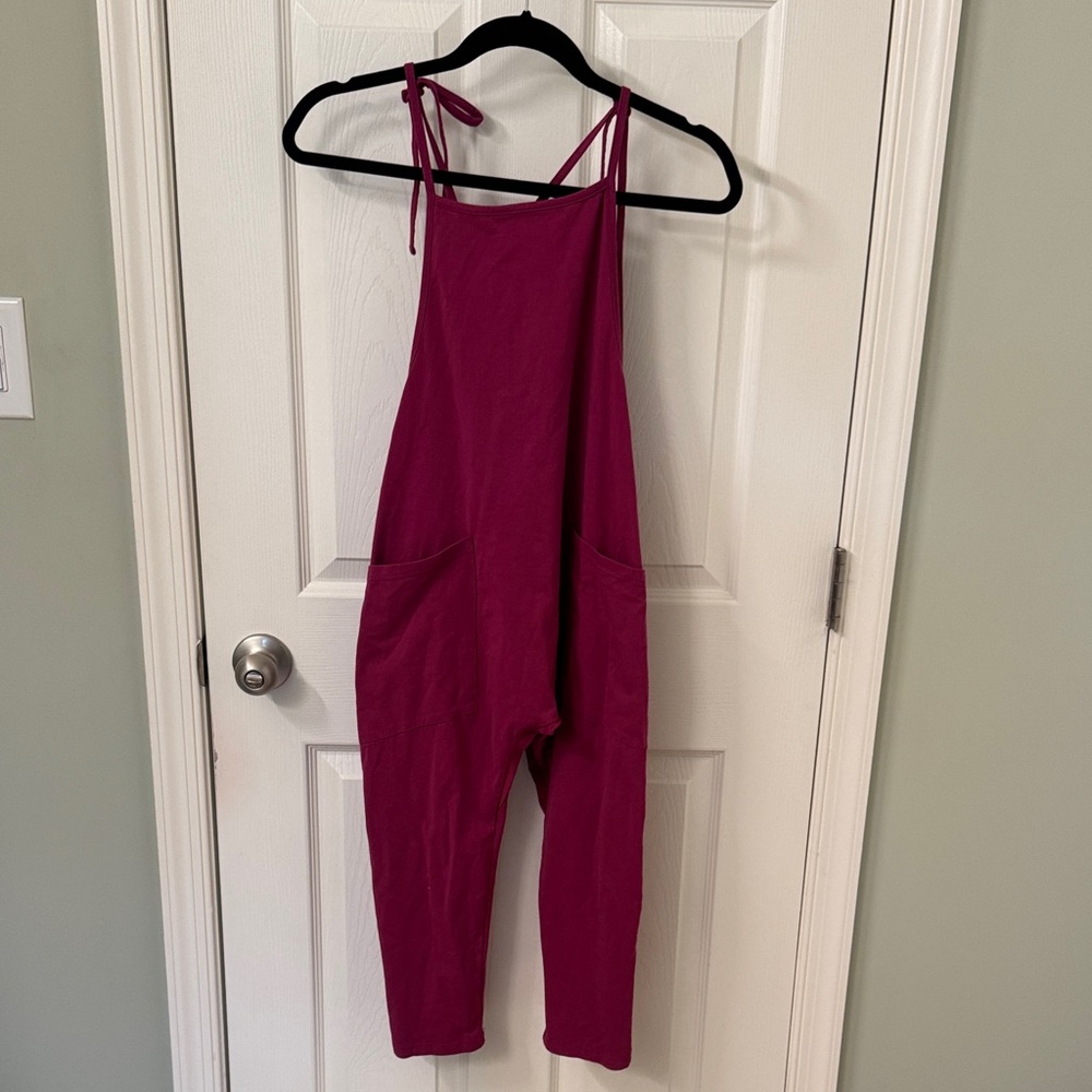 Girls' Tie-Strap Fuchsia Romper with Front Pockets